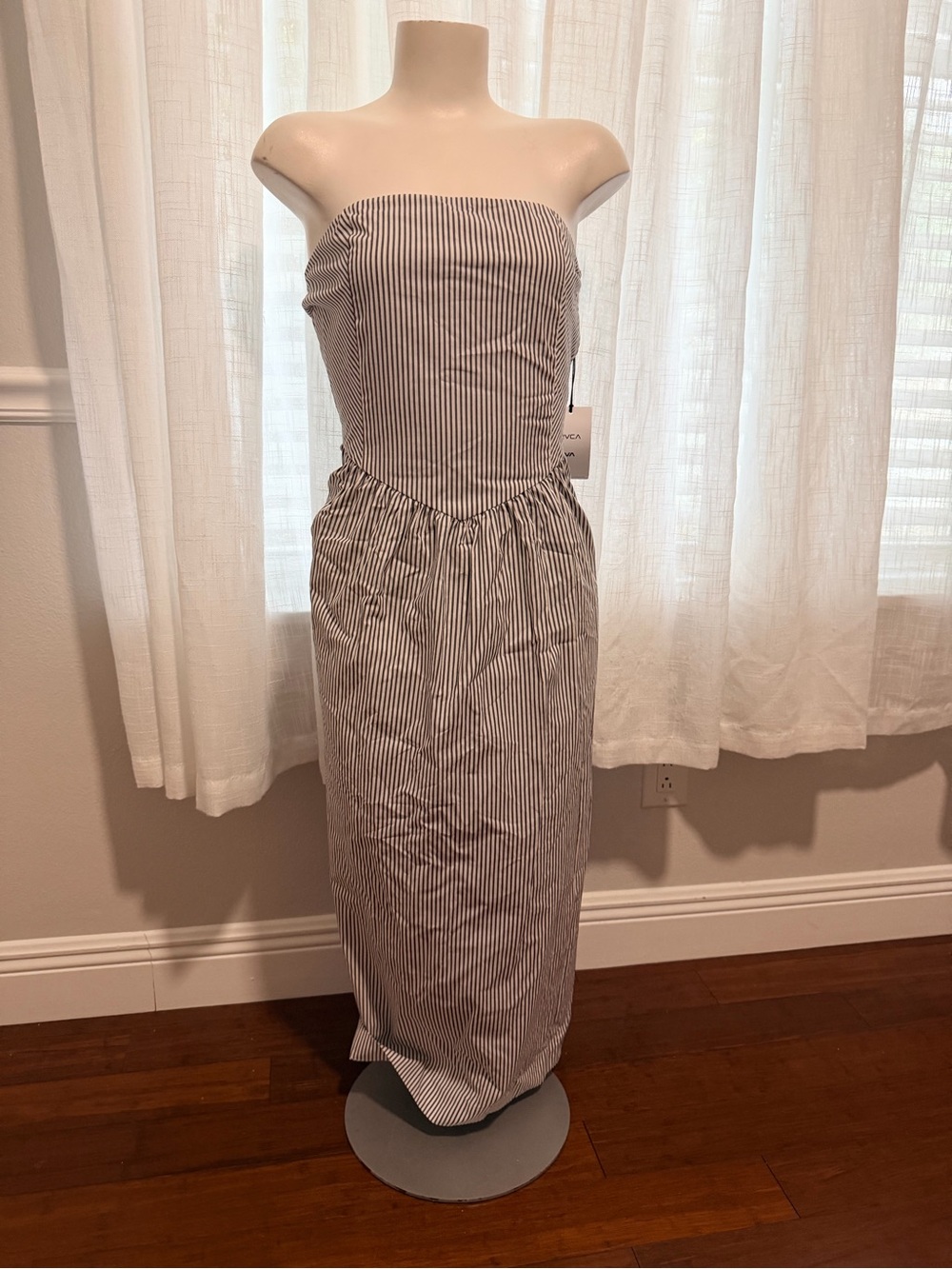 RVCA Strapless Maxi Dress white and gray Pinstripe Size Med
